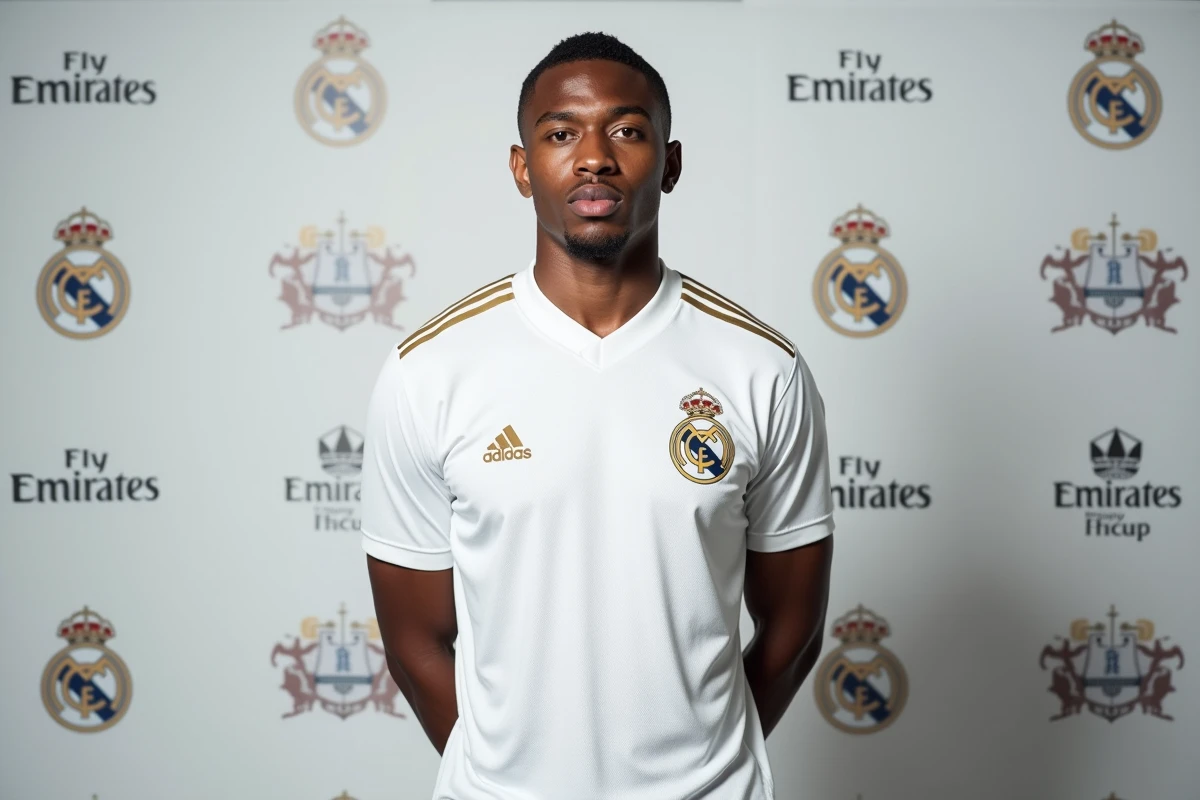 Portrait officiel d'un joueur du Real Madrid en maillot blanc lors de la séance photo de l'effectif 2026