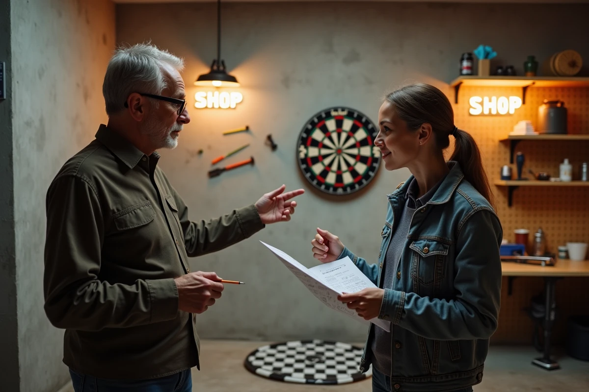 Deux amis discutant du positionnement d'une cible de fléchettes dans un garage aménagé en salle de jeux