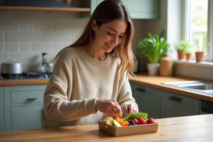 Jeune femme préparant un snack sain dans la cuisine chaleureuse