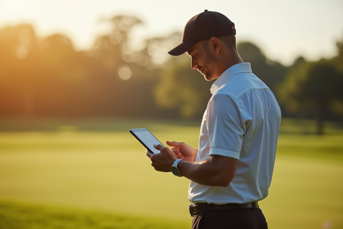 Professionnel en golf utilisant une tablette en plein air