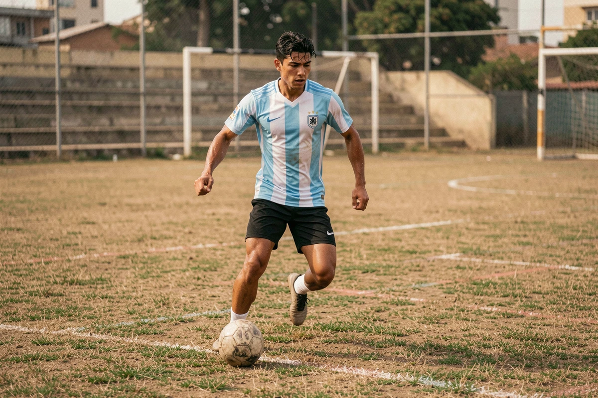 Jeune footballeur argentin en plein entraînement sur un terrain de foot à Buenos Aires, dribblant avec un ballon en cuir usé