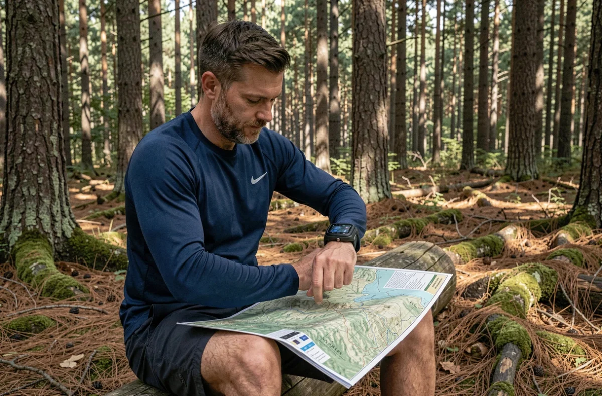 Randonneur barbu comparant sa montre GPS et une carte topographique assis dans une forêt de pins
