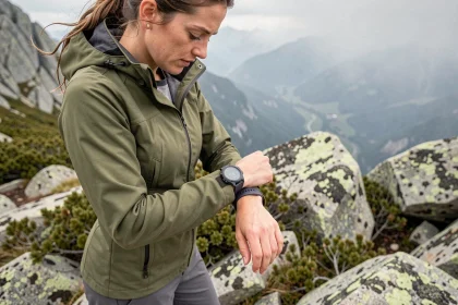 Randonneuse consultant sa montre GPS sur une crête alpine rocheuse avec vallée brumeuse en arrière-plan
