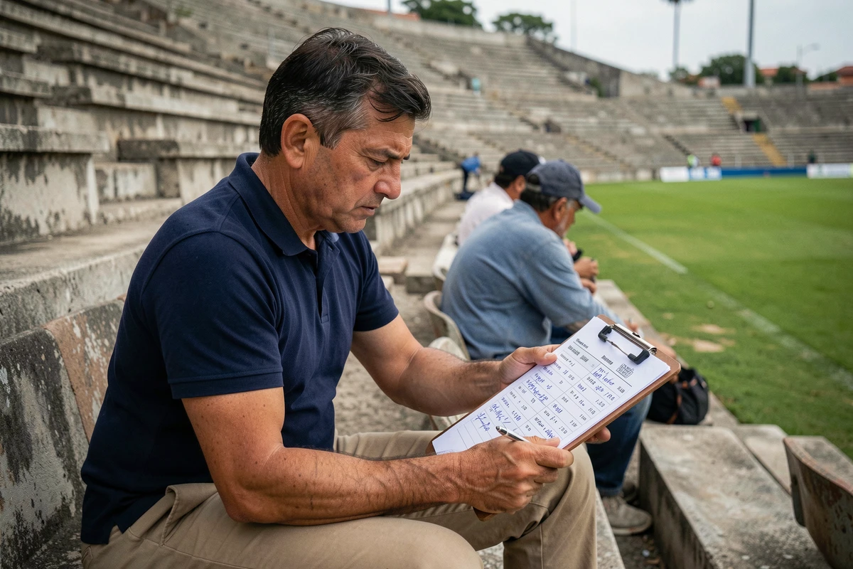 Recruteur de football argentin analysant des statistiques de joueurs dans un stade sud-américain avec des notes manuscrites