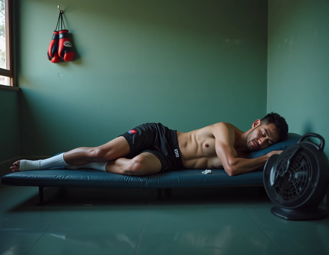 Boxeur thaï champion en récupération physique après un entraînement intensif, montrant la réalité difficile du sport de haut niveau