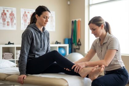 Femme en reeducation physiotherapie assise sur une table