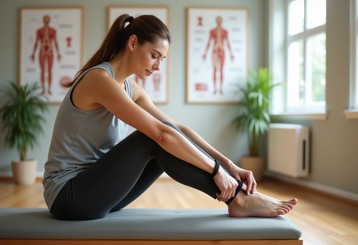 Femme en reeducation physiotherapie assise sur une table