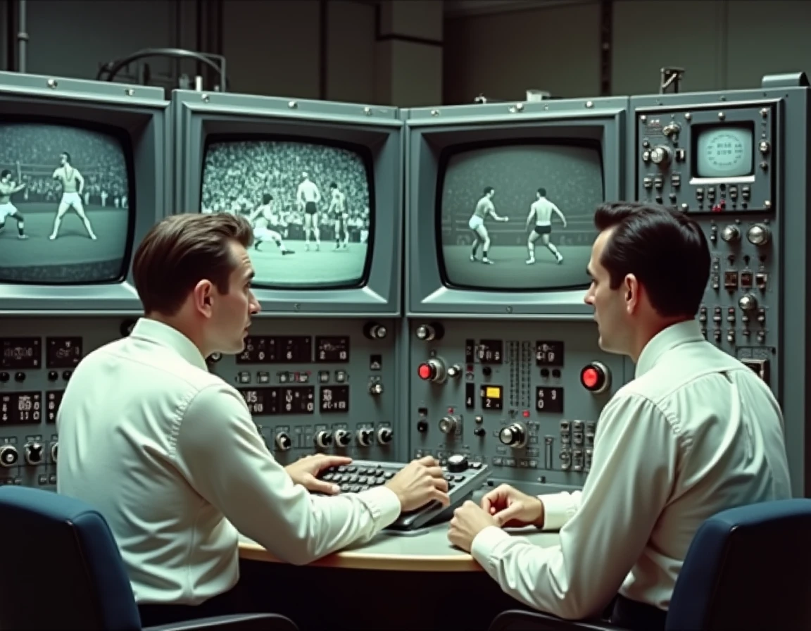 Régie de télévision française des années 1950 avec techniciens surveillant une retransmission de catch en direct sur écrans cathodiques