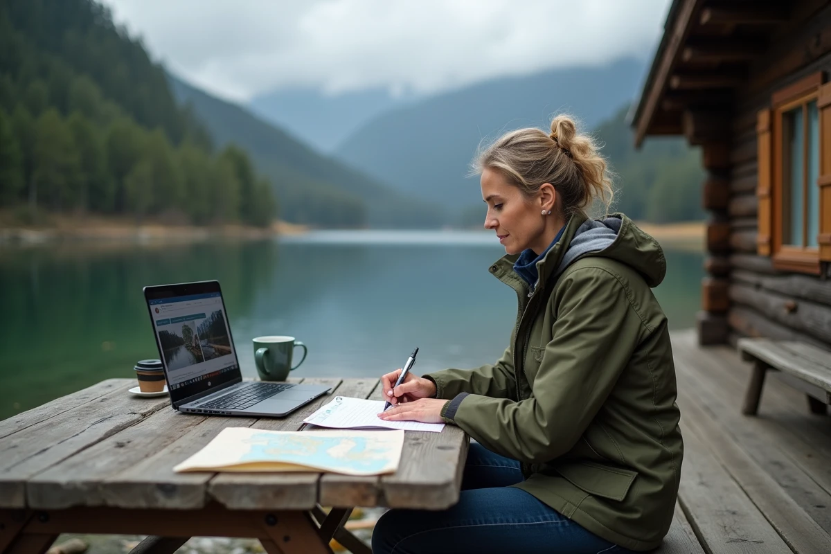 Femme renouvelant sa carte de pêche en ligne depuis un chalet au bord d'un lac de montagne