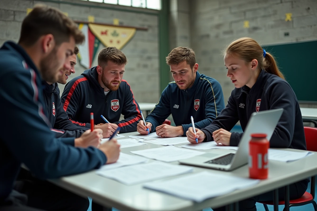 Joueurs de rugby en cours de renouvellement de licences fédérales dans un gymnase de club amateur français, processus administratif de fin de saison