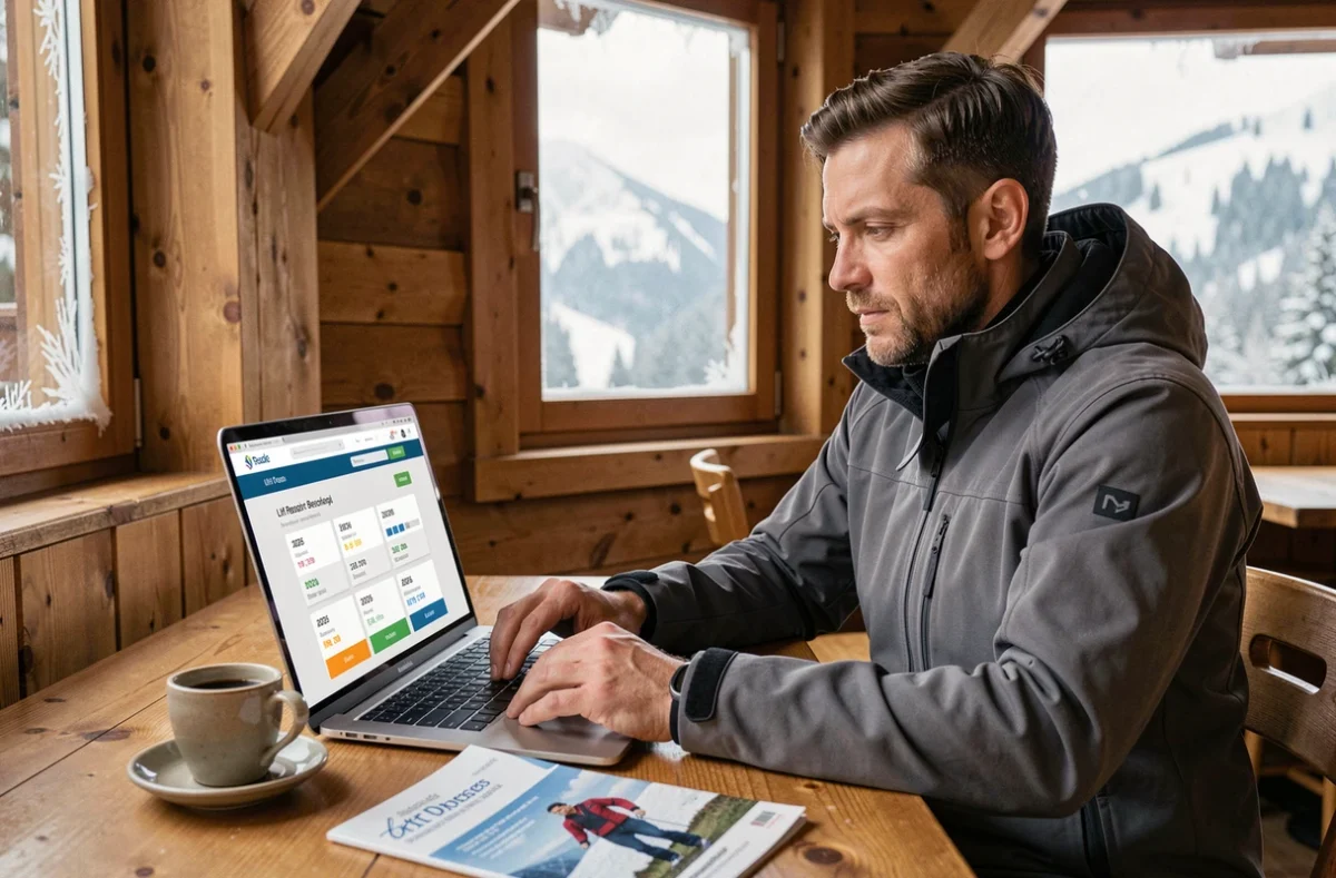 Skieur réservant son forfait ski aux Menuires en ligne depuis un chalet alpin