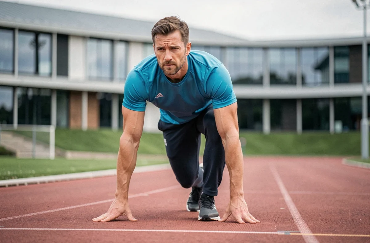 Rochdi Taha entraîneur sportif en démonstration de départ de sprint sur la piste d'athlétisme à Cergy