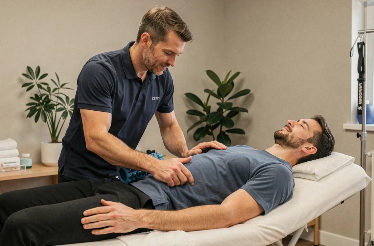 Spécialiste en récupération sportive R.O.Zen et Recup effectuant un soin de récupération musculaire à Cergy