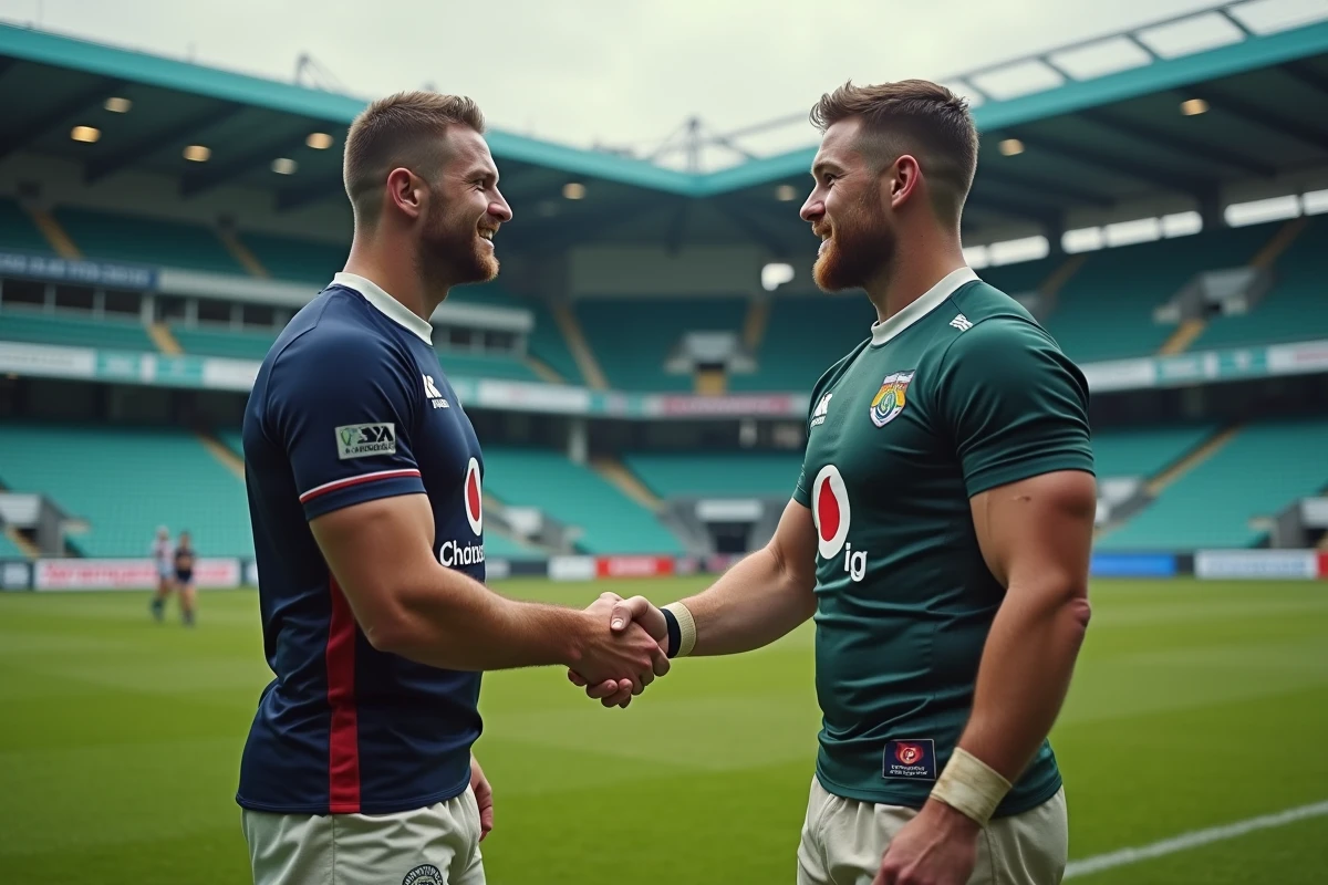 Joueur de rugby professionnel et joueur amateur se serrant la main après un match, symbolisant les écarts de budget entre divisions en France