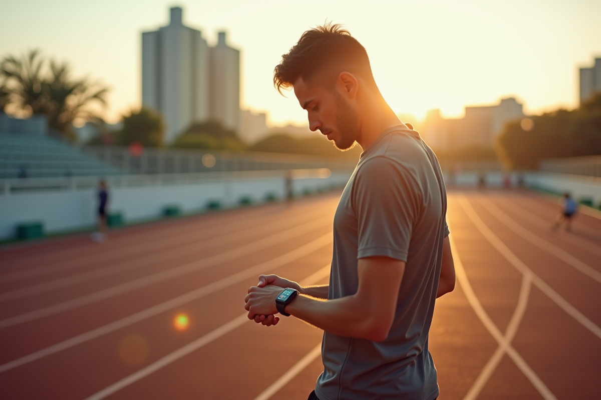 Coureur vérifiant sa montre connectée en milieu urbain