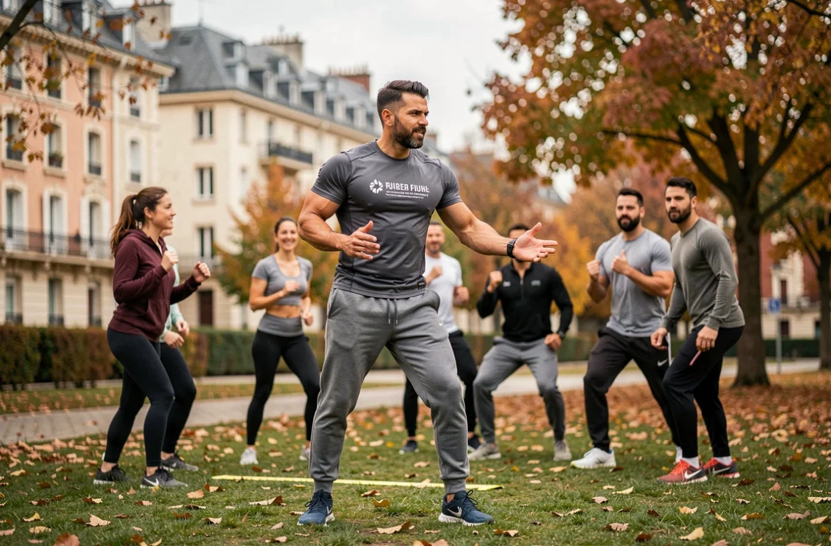 Coach SHORTBREAK animant une séance de coaching sportif en plein air dans un parc en Île-de-France
