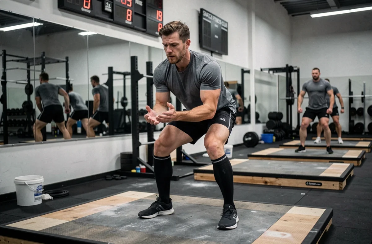Haltérophile préparant un snatch sur les plateformes de Snatch Fitness Club à Besançon
