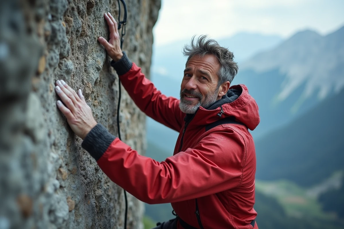 Grimpeur masculin agrippé à une paroi rocheuse calcaire dans les Alpes françaises, illustrant les risques de l'escalade en milieu naturel