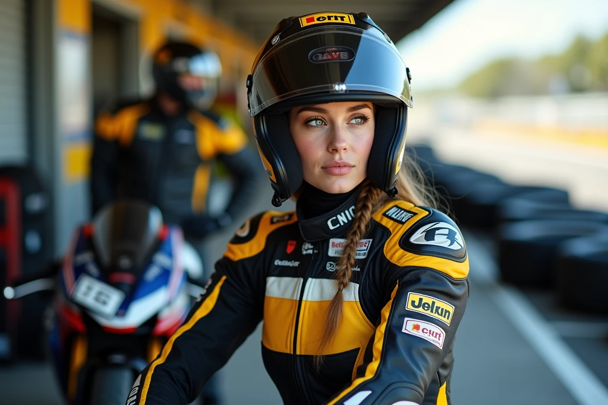 Pilote de moto féminine en combinaison de course dans un paddock, représentant les dangers de la compétition moto en France