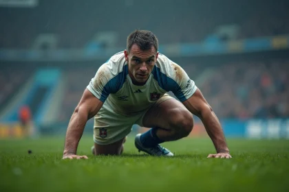Joueur de rugby masculin en position de mêlée sur un terrain boueux, illustrant les risques physiques du sport de contact en France