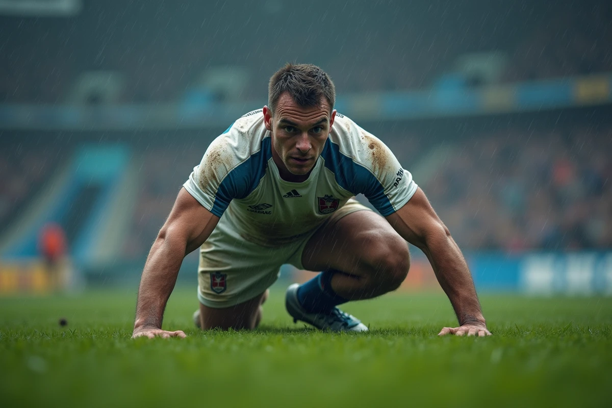 Joueur de rugby masculin en position de mêlée sur un terrain boueux, illustrant les risques physiques du sport de contact en France