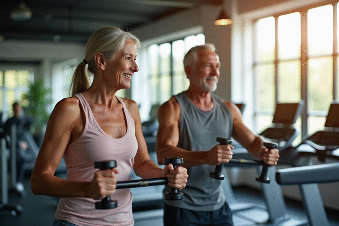 Homme et femme actifs de 50 ans faisant du sport ensemble