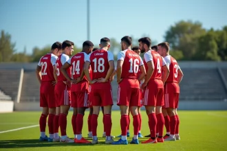 Joueurs du Sporting Club Aubagne Air Bel en huddle tactique sur le terrain avant une compétition