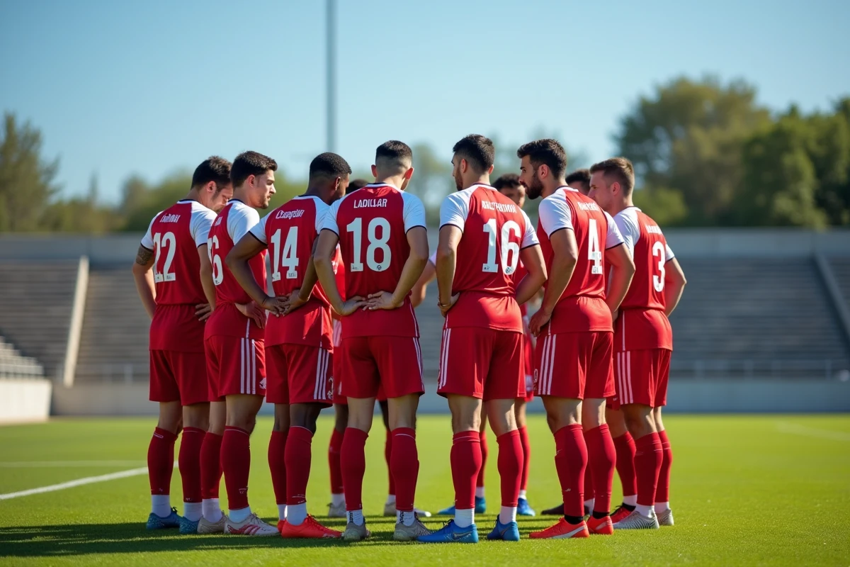 Joueurs du Sporting Club Aubagne Air Bel en huddle tactique sur le terrain avant une compétition