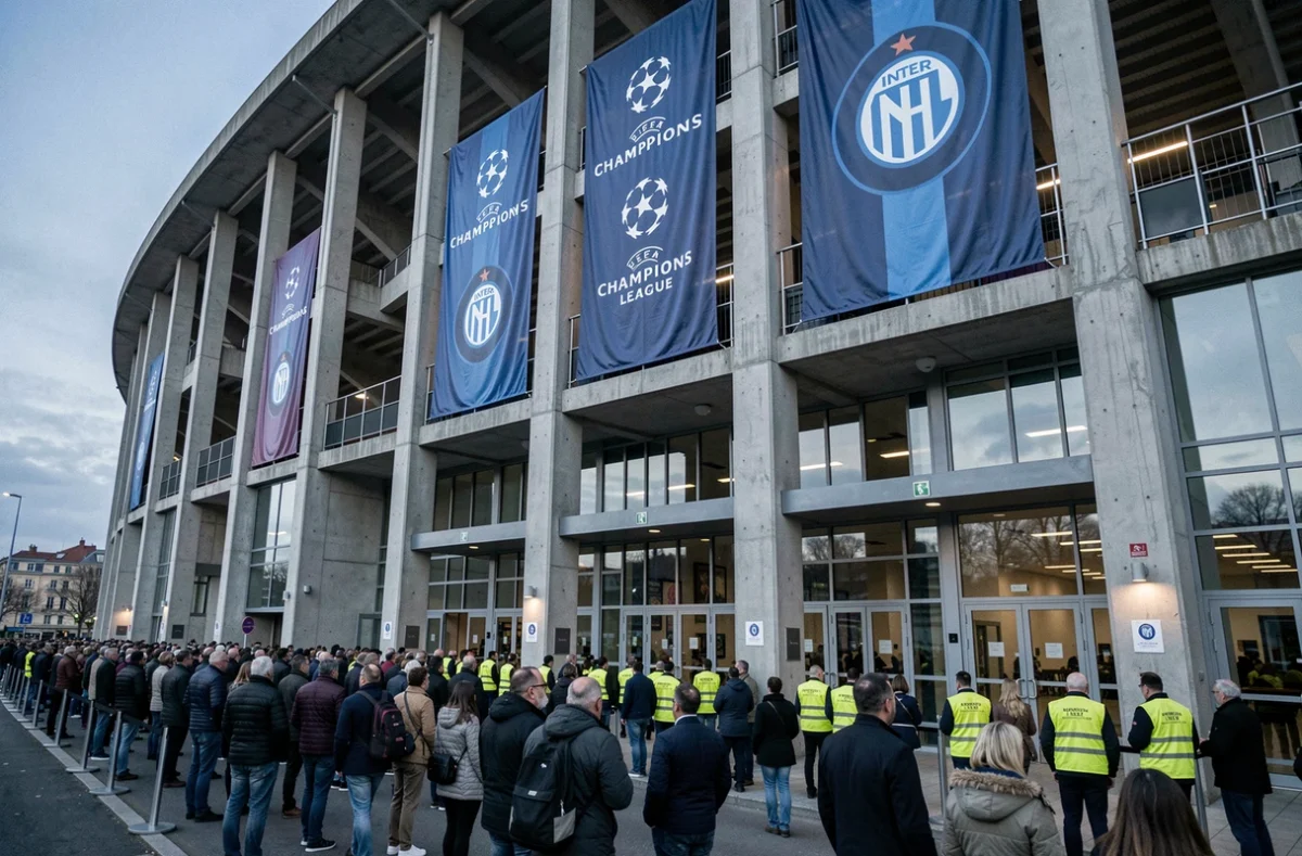 Extérieur d'un grand stade européen avant un match de Ligue des Champions avec les drapeaux de l'Inter Milan et une foule de supporters