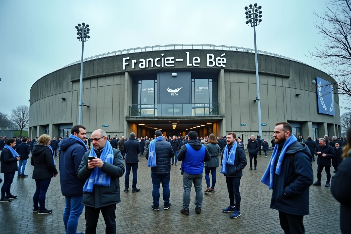 Supporters du Stade Brestois 29 devant le Stade Francis-Le Blé consultant un forum sur smartphone