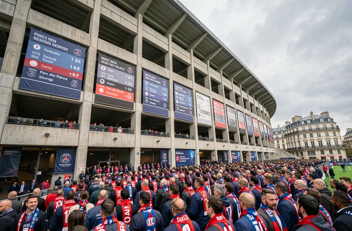 Foule de supporters PSG devant le Parc des Princes lors d'un match 2026