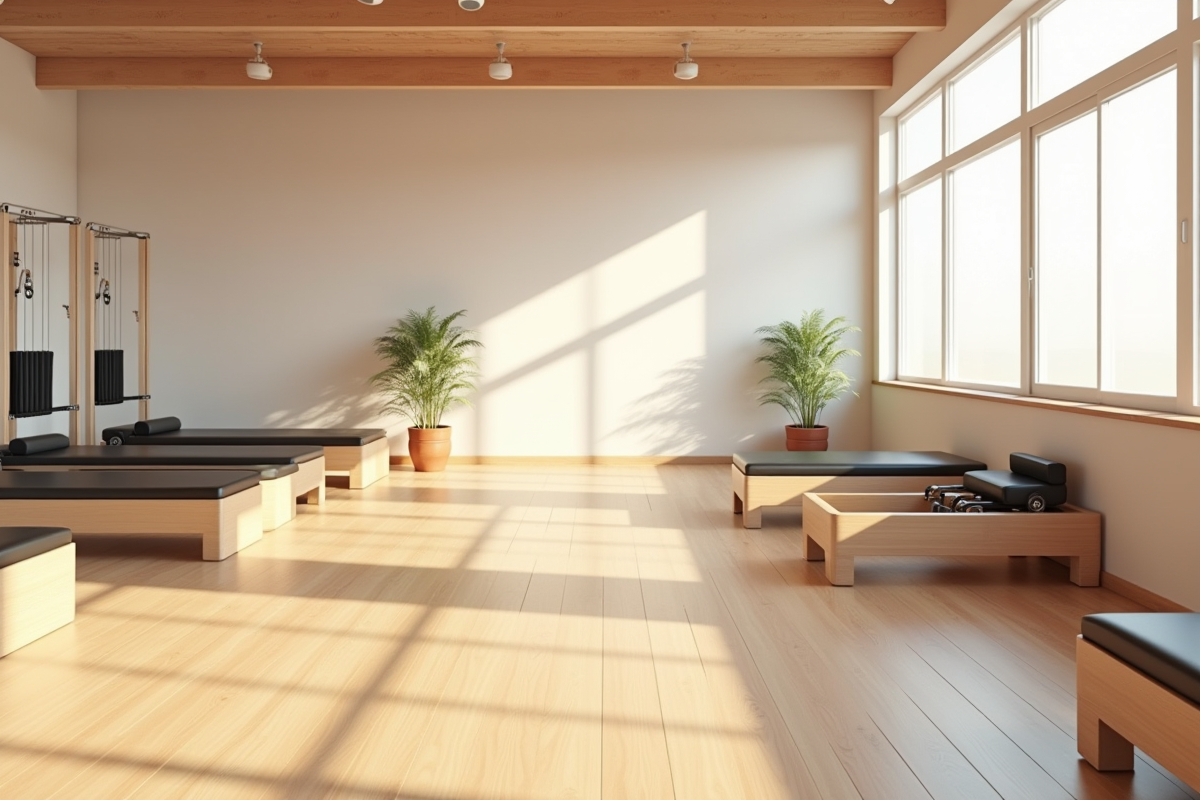Studio de pilates vide avec lumière naturelle et équipement organisé