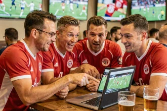 Supporters de l'ASM réunis dans un bar pour analyser un match de football sur un ordinateur portable