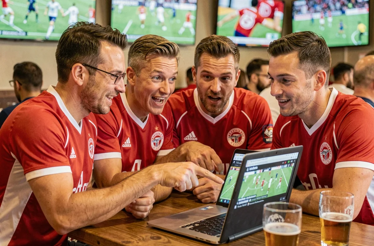 Supporters de l'ASM réunis dans un bar pour analyser un match de football sur un ordinateur portable