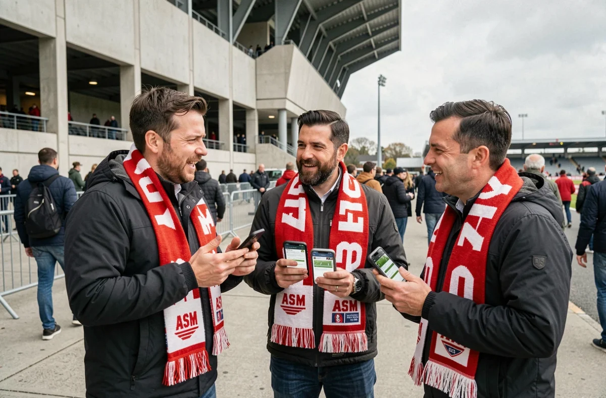Supporters de l'ASM discutant de résumés de matchs sur leur téléphone devant le stade