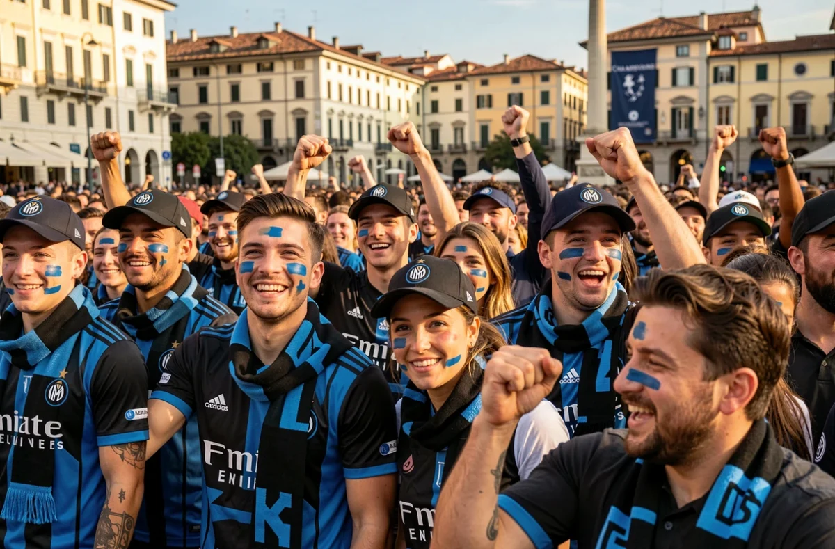 Supporters de l'Inter Milan rassemblés en fan zone avant un match de Ligue des Champions en Europe, maillots et écharpes bleu et noir