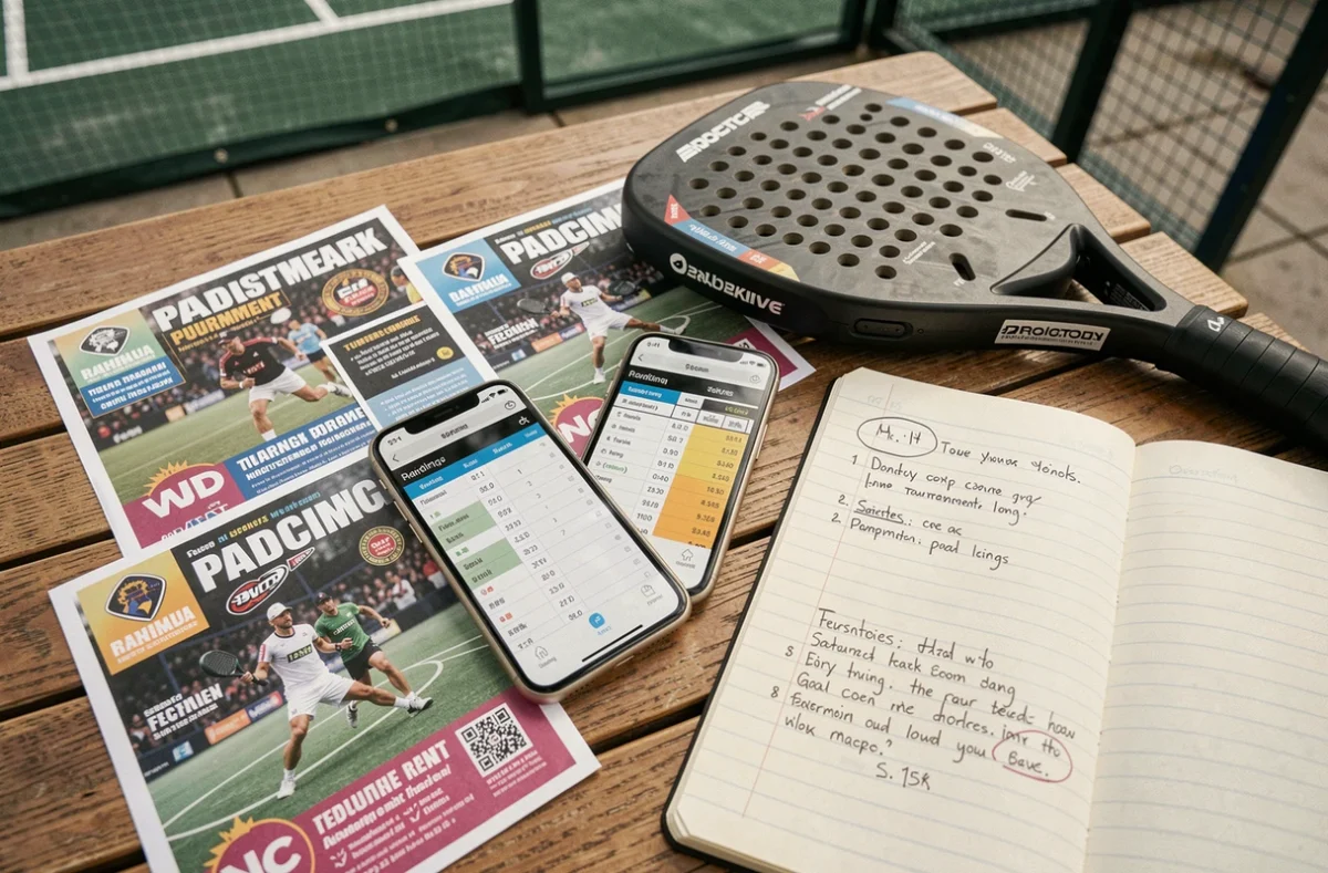 Vue aérienne d'une table avec des flyers de tournois de padel, classement P100 sur smartphone et notes manuscrites pour choisir ses compétitions