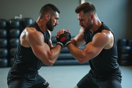 Deux hommes pratiquent le clinch en salle de sport moderne