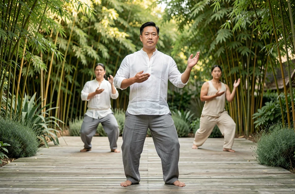Coach bien-être TENCHI Corps Esprit Energie animant une séance de mouvement conscient en plein air