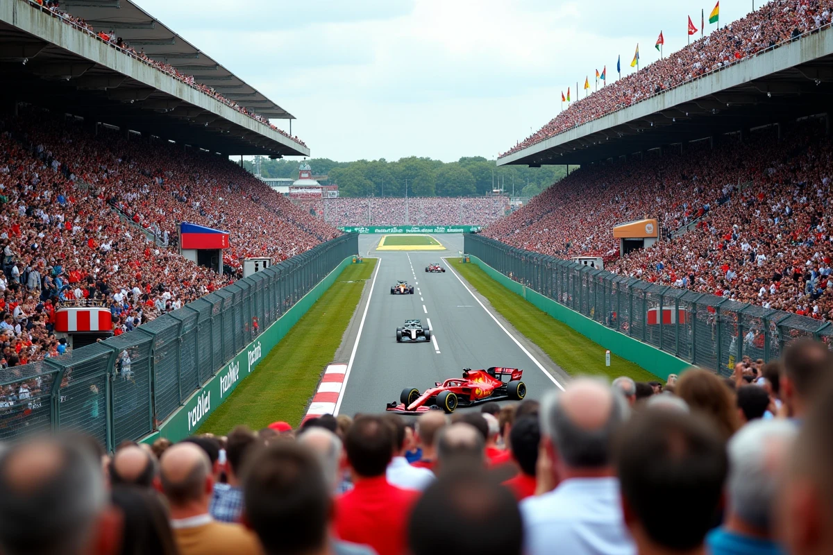 Tribune bondée de spectateurs lors d'un Grand Prix de Formule 1 2026 avec deux monoplaces en bagarre sur la ligne droite