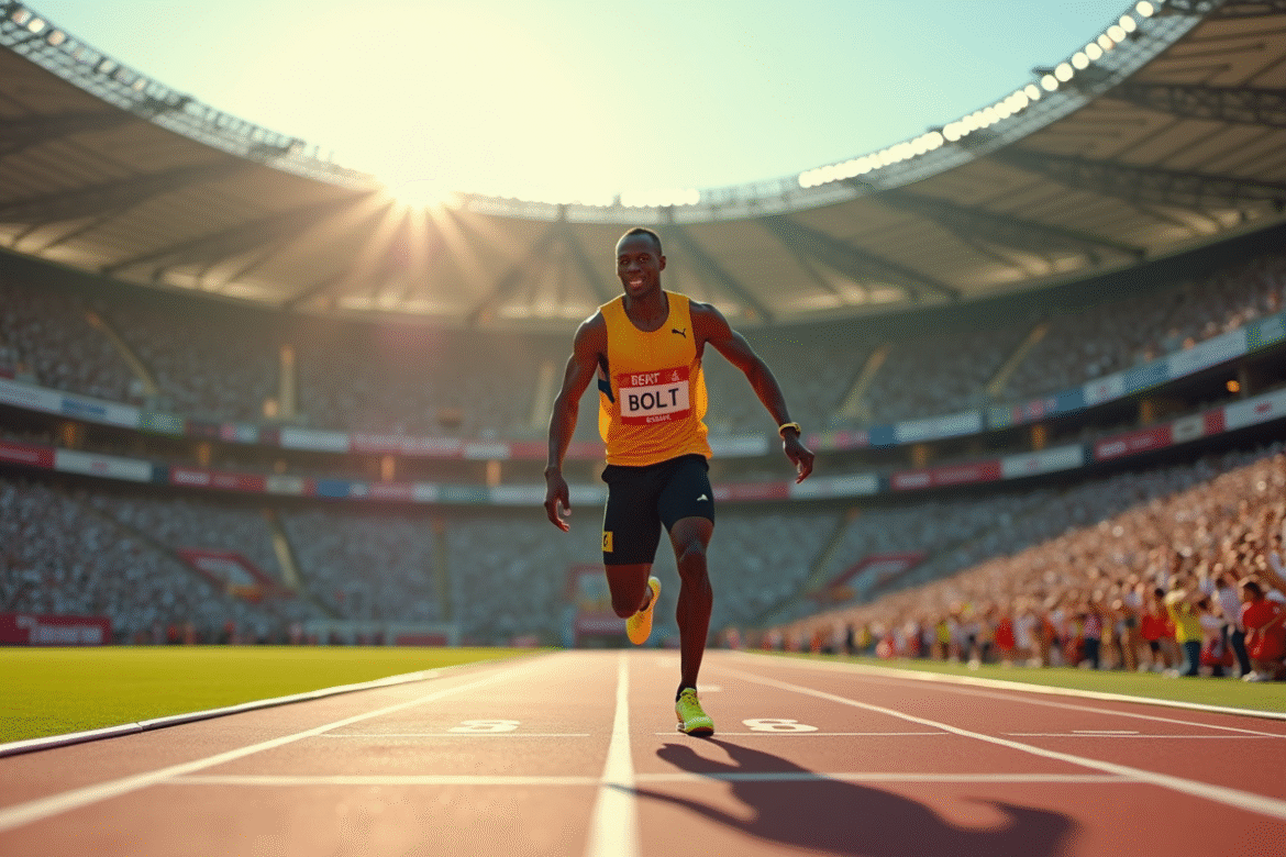 Usain Bolt franchit la ligne d'arrivée dans un stade ensoleille