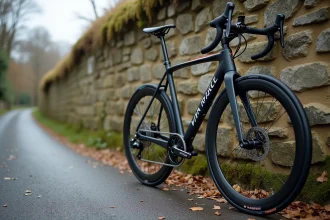Vélo Van Rysel RCR équipé d'un montage Shimano appuyé contre un mur en pierre en Bretagne, détail du groupe mécanique et du cadre carbone
