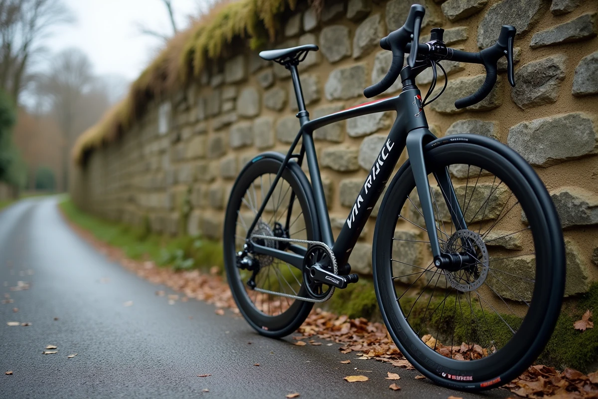 Vélo Van Rysel RCR équipé d'un montage Shimano appuyé contre un mur en pierre en Bretagne, détail du groupe mécanique et du cadre carbone