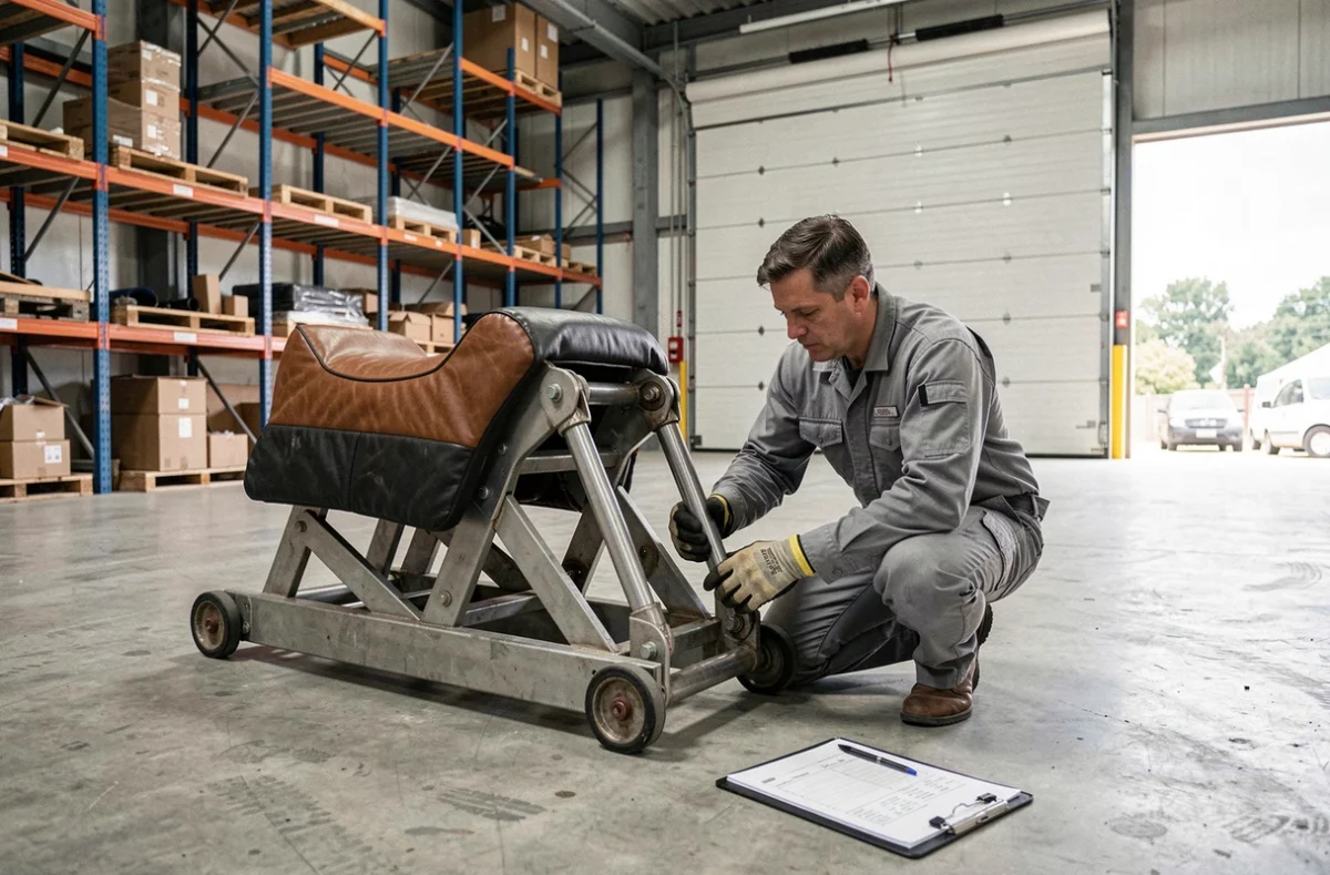 Technicien en uniforme inspectant un taureau mécanique dans un entrepôt avant sa location, vérifiant les mécanismes hydrauliques et la sécurité