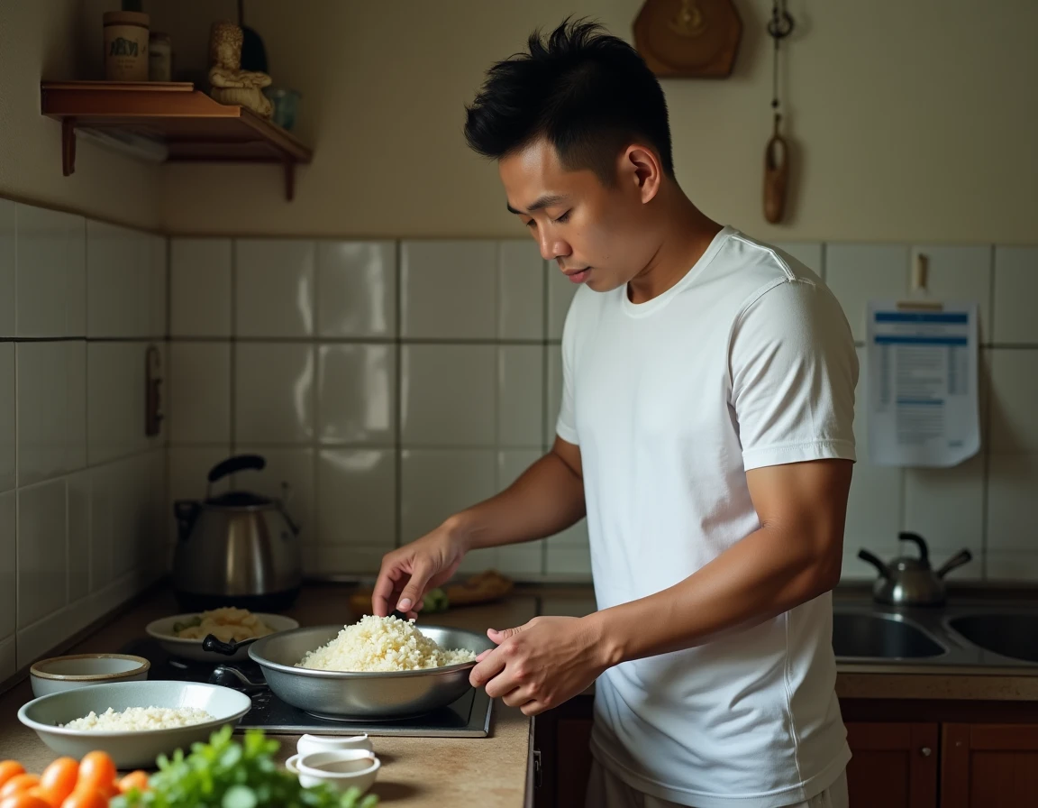 Champion de Muay Thai dans sa vie quotidienne préparant un repas équilibré dans son appartement modeste