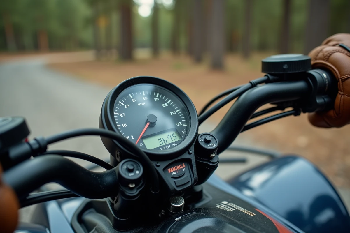 Gros plan sur la jauge de carburant et le compteur kilométrique du Yamaha Raptor 700, mains gantées du pilote visibles en arrière-plan près d'un sentier forestier