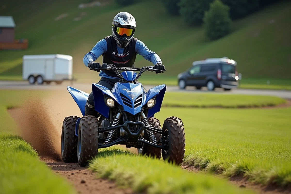 Pilote de quad en équipement complet effectuant un arrêt contrôlé sur un Yamaha Raptor 700 dans un parc de loisirs tout-terrain avec colline verdoyante en arrière-plan