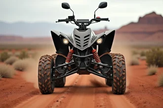 Yamaha Raptor 700 garé sur une piste de terre poussiéreuse dans un paysage désertique, vue en angle 3/4 avant mettant en valeur le design agressif du quad